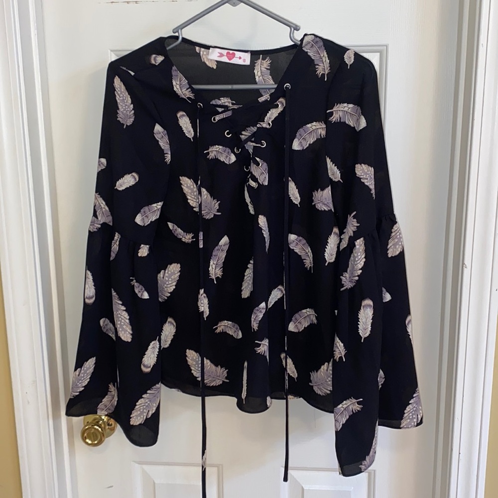 Buddy Love Black Lace-Up Feather Print Blouse
